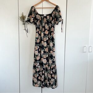 Sirenlily Floral Smocked  Black Maxi Dress • Sz S